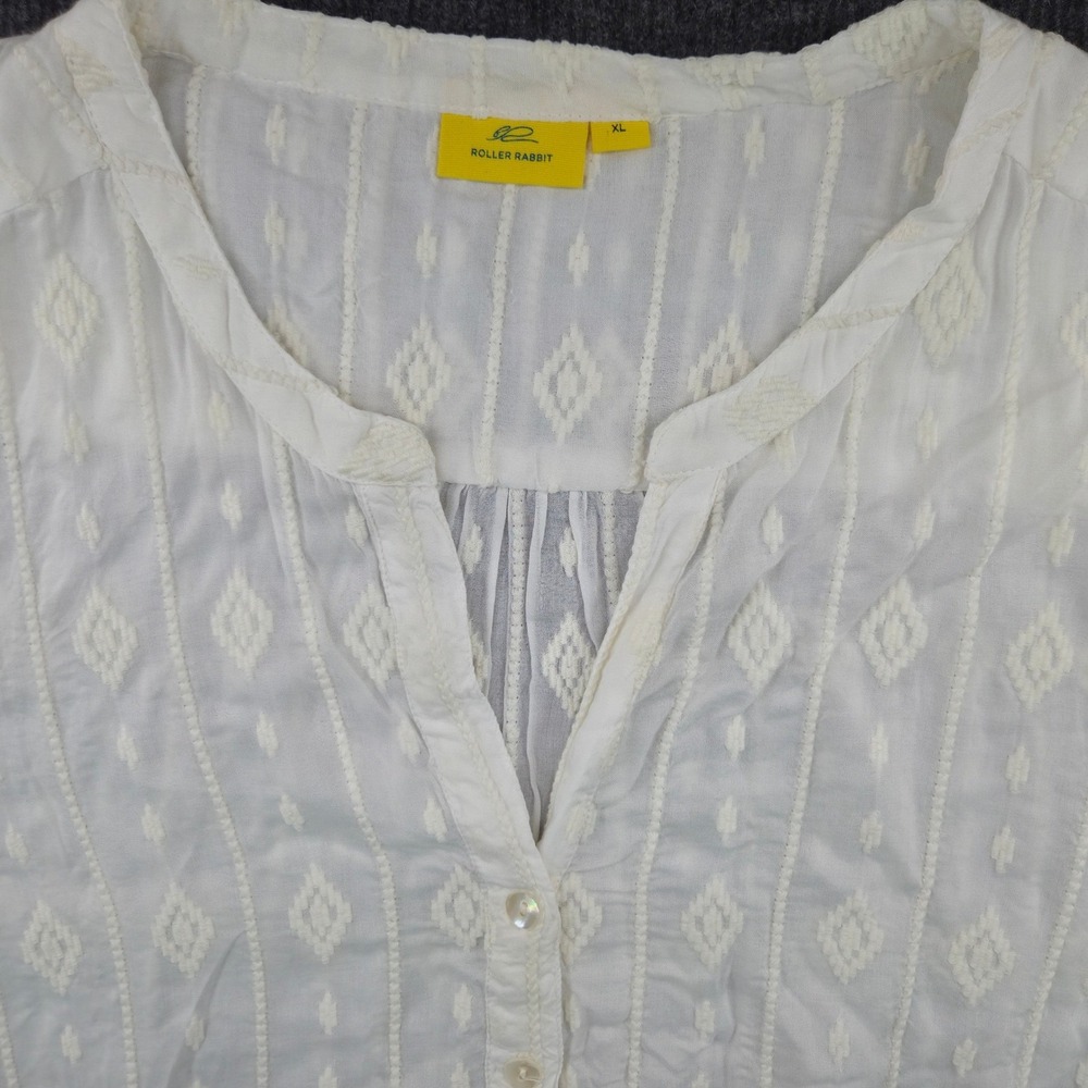 Roller Rabbit Blouse Womens XL White Embroidered Long Sleeve Coastal‎ Cotton Top